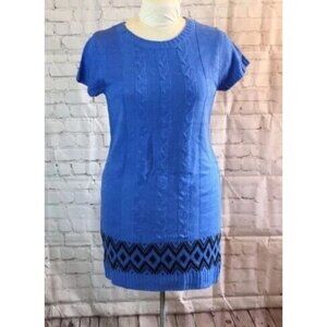 NWT Blue Cable Knit Dress Sweater Black Border Short Sleeve XL